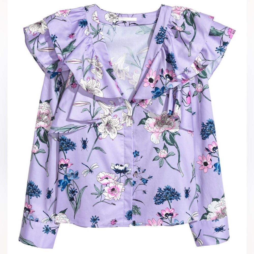 H&M Lavender Purple Floral Blouse with Ruffle Details